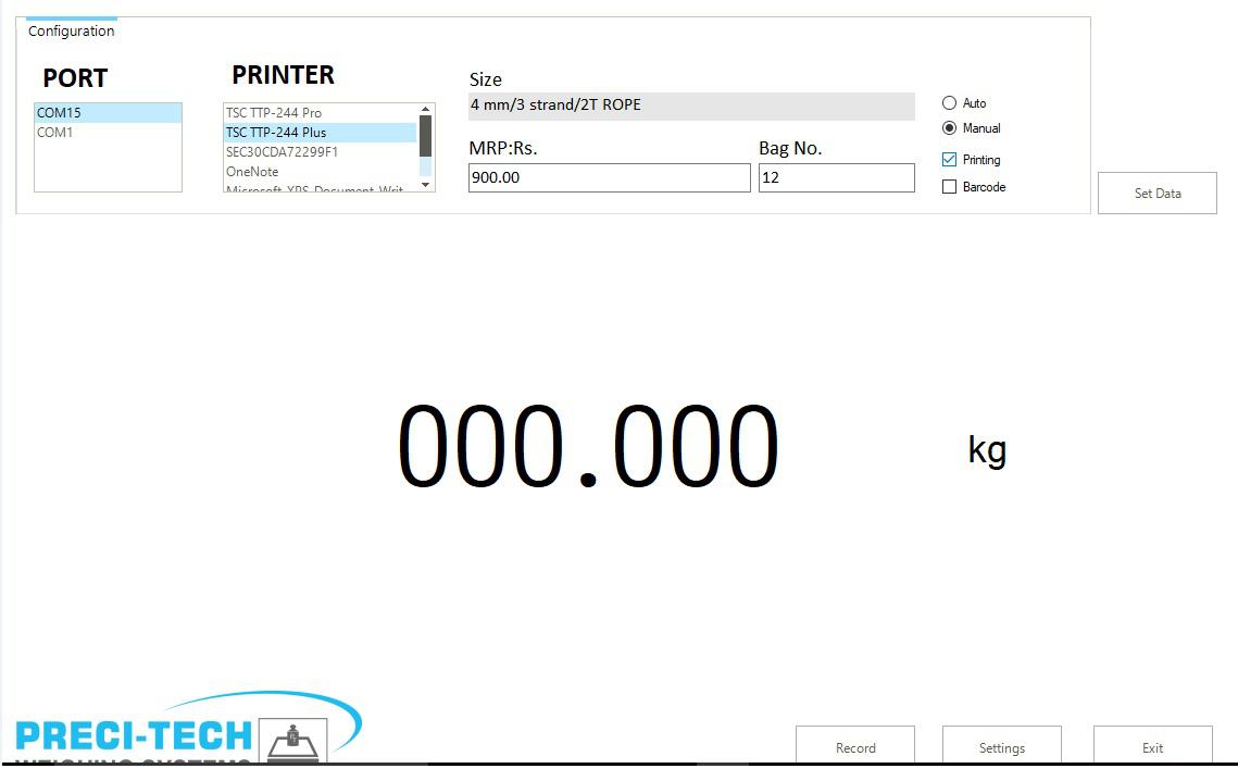 Standard Weighing Machine Software Screen